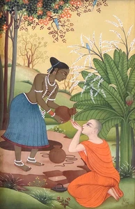 Gerahmter buddhistischer Kleindruck - Frau gießt Wasser für Mönch, signiert (KuK) - Bild 1 von 6