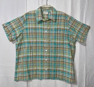 Alfred Dunner Button Up Top Textured Aqua Tan Country Plaid Short Sleeve Sz 20 - Picture 1 of 17