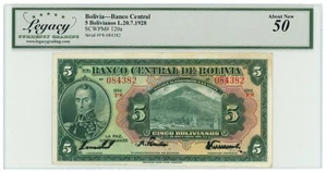 Bolivia 5 Bolivianos 1928 P-120a LCG AU50 - Banco Central de Bolivia (65541) - Imagen 1 de 2