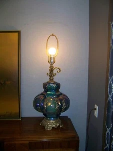 VINTAGE EF & EF HOLLYWOOD REGENCY IRIDESCENT BLUE LAMP. FOR RESTORATION. WORKS - Picture 1 of 12
