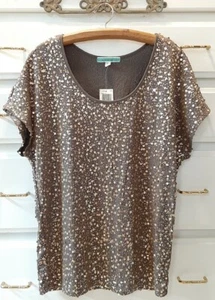 NWT Pleione SzM Sequin Dressy Tee Glamour Top Taupe Champagne Gold Elegant Shirt - Picture 1 of 7