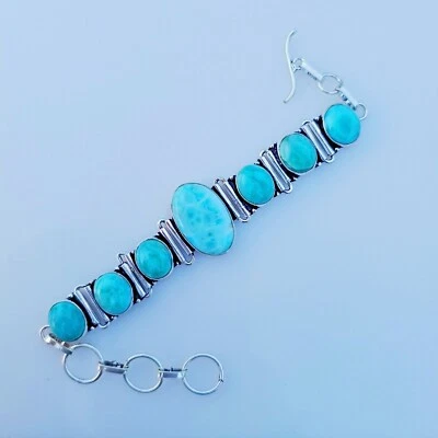 Natural Larimar Gemstone Bracelet 925 Sterling Silver Handmade Bracelet Jewelry - Image 1 of 4
