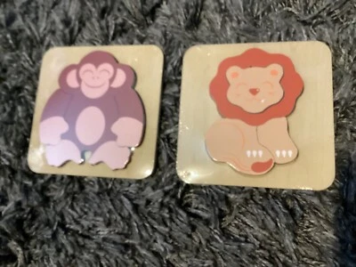 BNWT New 2 x Baby Wooden Jigsaw Puzzles 4 Pieces - Monkey & Lion - Age 12m+ - Image 1 of 4
