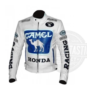 Men_s White Honda Blue Camel Racing Motorcycle Michelin Genuine Leather Jacket - Picture 1 of 6