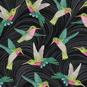 Benartex Hummingbirds & Honeysuckle Wave Black Cotton Fabric by Jackie Robinson - Picture 1 of 3