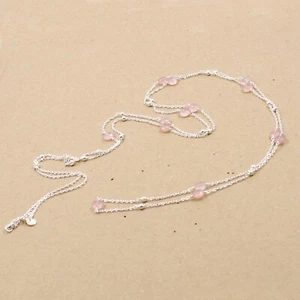 Solid 925 Sterling Silver Jewelry Rose Quartz Gemstone Beads Long 48" Necklace - Picture 1 of 3