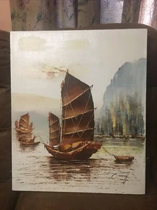 P. WONG Original Oil Painting Seascape Nautical Junk Boats On Canvas 24” X 20” - Picture 1 of 12