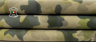 GREEN CAMOUFLAGE PRINT ON IVORY SUEDE Soft Lambskin Leather 3sqf 0.8mm #C6070 - Image 1 of 4