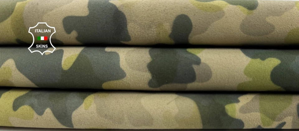 GREEN CAMOUFLAGE PRINT ON IVORY SUEDE Soft Lambskin Leather 3sqf 0.8mm #C6070 - Image 1 of 4