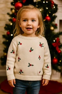 Cottagecore Vintage Kleinkind Mädchen Carter's Weihnachten Stechpalme Strickpullover 3T creme  - Bild 1 von 6