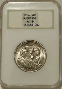 1924 Huguenot-Walloon Silver Half Dollar NGC MS64 Fatty Holder/Rustic Toning - Picture 1 of 8