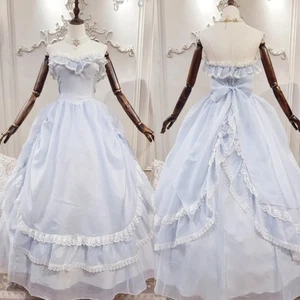 Light Blue Victorian Wedding Dresses Chiffon Strapless Full Length Bridal Gown - Picture 1 of 10
