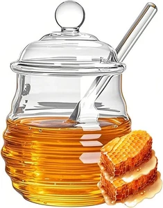 Tarro de miel de vidrio con cucharón y tapa, olla de miel resistente al calor de 10 OZ, transparente - Imagen 1 de 6