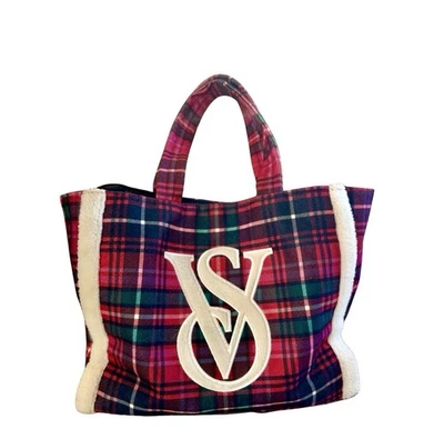 Victoria’s Secret Plaid Sherpa Tote Bag Double Handles, Cozy Winter Style - Image 1 of 4
