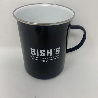 Taza de café esmaltada negra Bish's RV donde comienzan los recuerdos camping viaje Foto 1 de 4