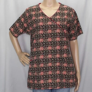 Dickies Short Sleeve Scrub Top Black with Red and Pink Plaid and White Floral - Picture 1 of 16