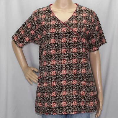Dickies Short Sleeve Scrub Top Black with Red and Pink Plaid and White Floral - Image 1 of 4