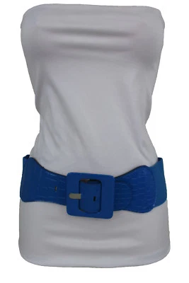 New Women Fashion Cobalt Blue Elastic Fabric Belt Square Buckle Hip Waist M L - Image 1 of 4