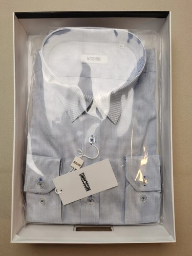 Camicia MOSCHINO da uomo UK 17 IT 43 sottile blu a scacchi nuova con scatola manica lunga colletto