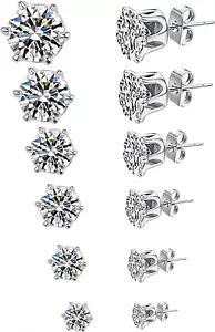 6 Pairs Stud Earrings Set, Hypoallergenic Clear Cubic Zirconia 316L Earrings Sta - Picture 1 of 6