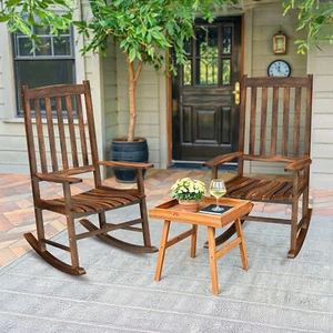 2PCS Outdoor Natural Wood Porch Rocking Chair Weather Resistant Finish High Back - Picture 1 of 24