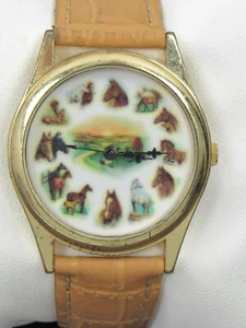 Vintage RUANNE MANNNG Horse Art Watch Brown Gold Tone Working New Battery - Picture 1 of 20