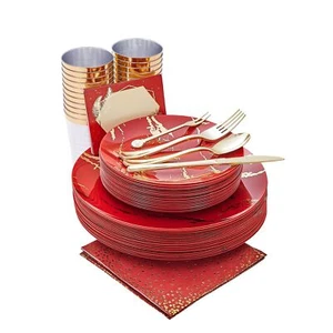 N9R 225PCS Red Gold Plastic Plates Set, Disposable Dinnerware Set Include 25 ... - Picture 1 of 7