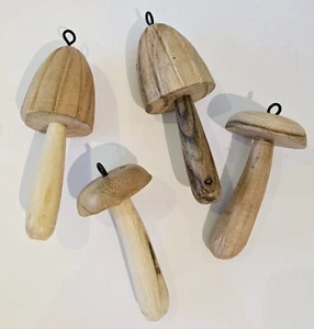 4 Mushroom Ornaments Natural Wood Woodland Cottagecore Country Christmas Decor - Picture 1 of 8