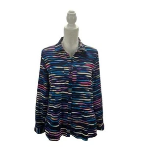 Attention Women's Blouse Button Down Striped Colorful Split Back Roll Tab Sleeve - Picture 1 of 12