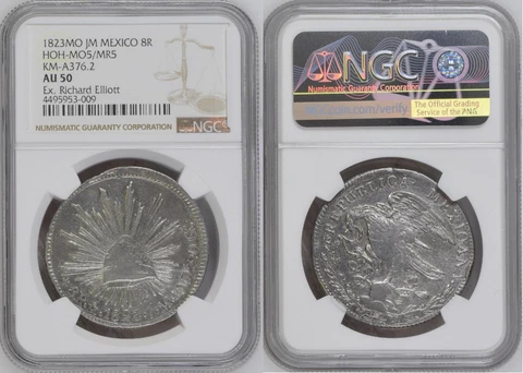 Mexico "Hookneck" 8 Reales 1823 Mo-JM, KM-A376.2, NGC AU50 Cover
