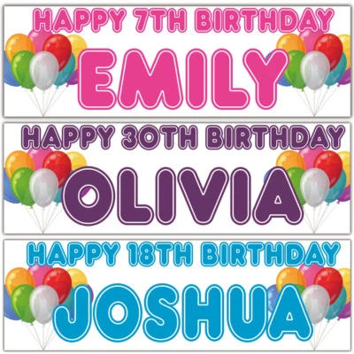 2 personalised birthday banner balloon kids children adults party poster deco - Image 1 of 2