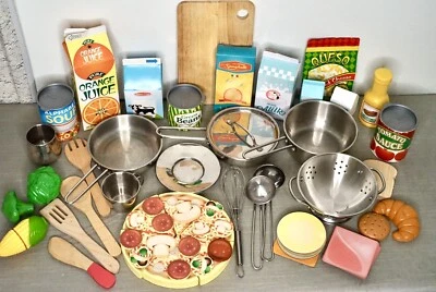Huge Lot 37 Play Kitchen Steel Pots Pans Utensils Pantry Food Melissa & Doug Mix - Image 1 of 4