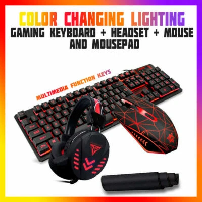Gaming keyboard + Mouse + Headset + Mousepad RGB LED Colors Light 4-1 - Image 1 of 2