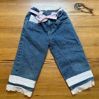 Bunny Business vintage pink lace seersucker medium wash wide leg jeans SIZE 6 - Image 1 of 4