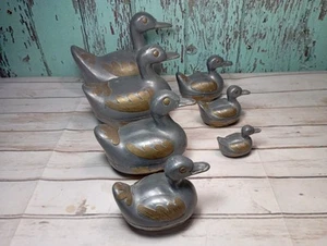 Vintage Pewter & Brass Duck Trinket Pots Graduated Set Of 7.  Hong Kong 1970`s - Picture 1 of 24