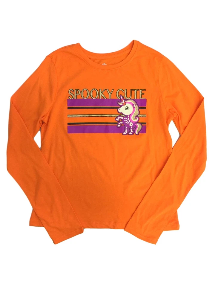 Niñas Naranja Espeluznante Lindo Unicornio Brillo Dorado Halloween Camisa Manga Larga XXL Foto 1 de 1