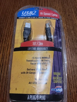 Belkin USB 2.0 F3U133-10 USB2 Hi-Speed Cable 10ft (3 meters) USB A/B Plug PC/Mac - Image 1 of 3