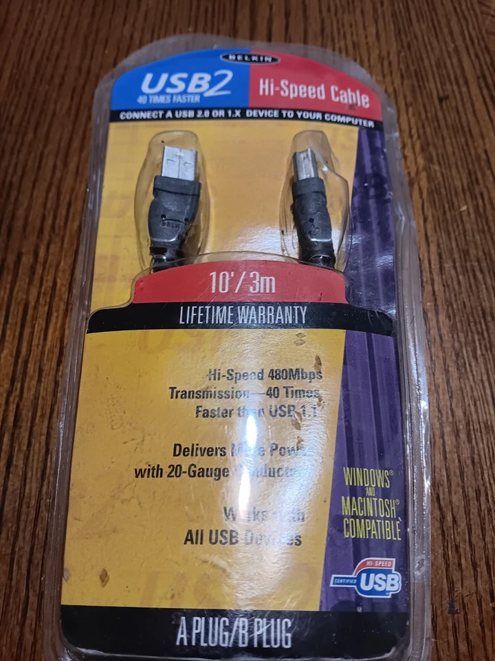 Belkin USB 2.0 F3U133-10 USB2 Hi-Speed Cable 10ft (3 meters) USB A/B Plug PC/Mac - Image 1 of 3