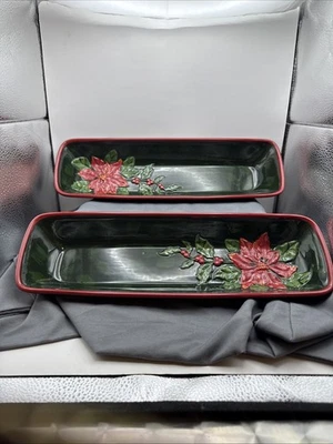 Bandejas largas de cerámica bella casa de Ganz con flores de pascua usadas 2 buen estado Foto 1 de 4