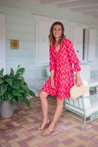 Pomander Place Tuckernuck Pink Ikat Kenzo Chevron V-Neck Mini Swing Dress Large  - Picture 1 of 15