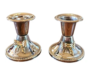 Vintage Silverplate Candlestick Holders w Gold tone Bow Decoration 2.5" Set of 2 - Picture 1 of 5