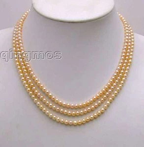 4-5mm Round Natural Freshwater Pink Pearl Necklace for Women 3 Strand 18" Choker - Picture 1 of 9