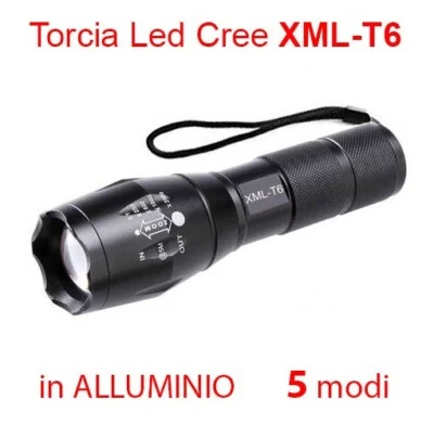Torcia Led Cree XML-T6 alluminio zoom regolabile 5 modi luce  - ITALIA - Imagen 1 de 2