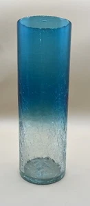 Blenko Art Glass Hand Blown Turquoise Ombre Crackle Cylinder Vase 11” X 4” - Picture 1 of 5