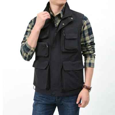 Men Solid Cargo Utility Jacket Waistcoat Gilet Multi-Pocket Vest Hiking Fishing - Image 1 of 4