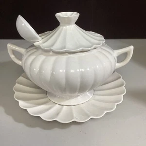 LEER Tureen de porcelana de cerámica blanca esmaltada OUSA vintage con platillo y cucharón C618 - Imagen 1 de 12