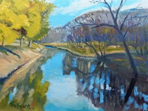 Pintura al óleo original paisaje impresionismo árbol reflejo agua arroyo río - Imagen 1 de 4