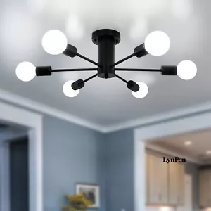 Black Semi Flush Mount Sputnik Chandelier 6-Light Pendant Light Fixture Bedroom - Picture 1 of 13