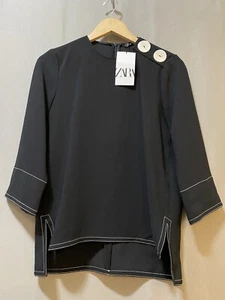 NWT ZARA Women 3/4 Sleeve High-Low Hem Contrast Stitch Button Blouse SZ XS Black - Picture 1 of 12