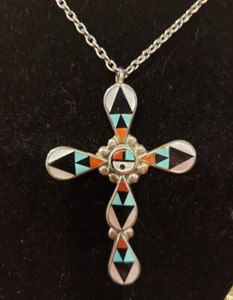 Native American Nuni Artist Signed Cross, Vintage Handmade Silver, Large Piece - Picture 1 of 4